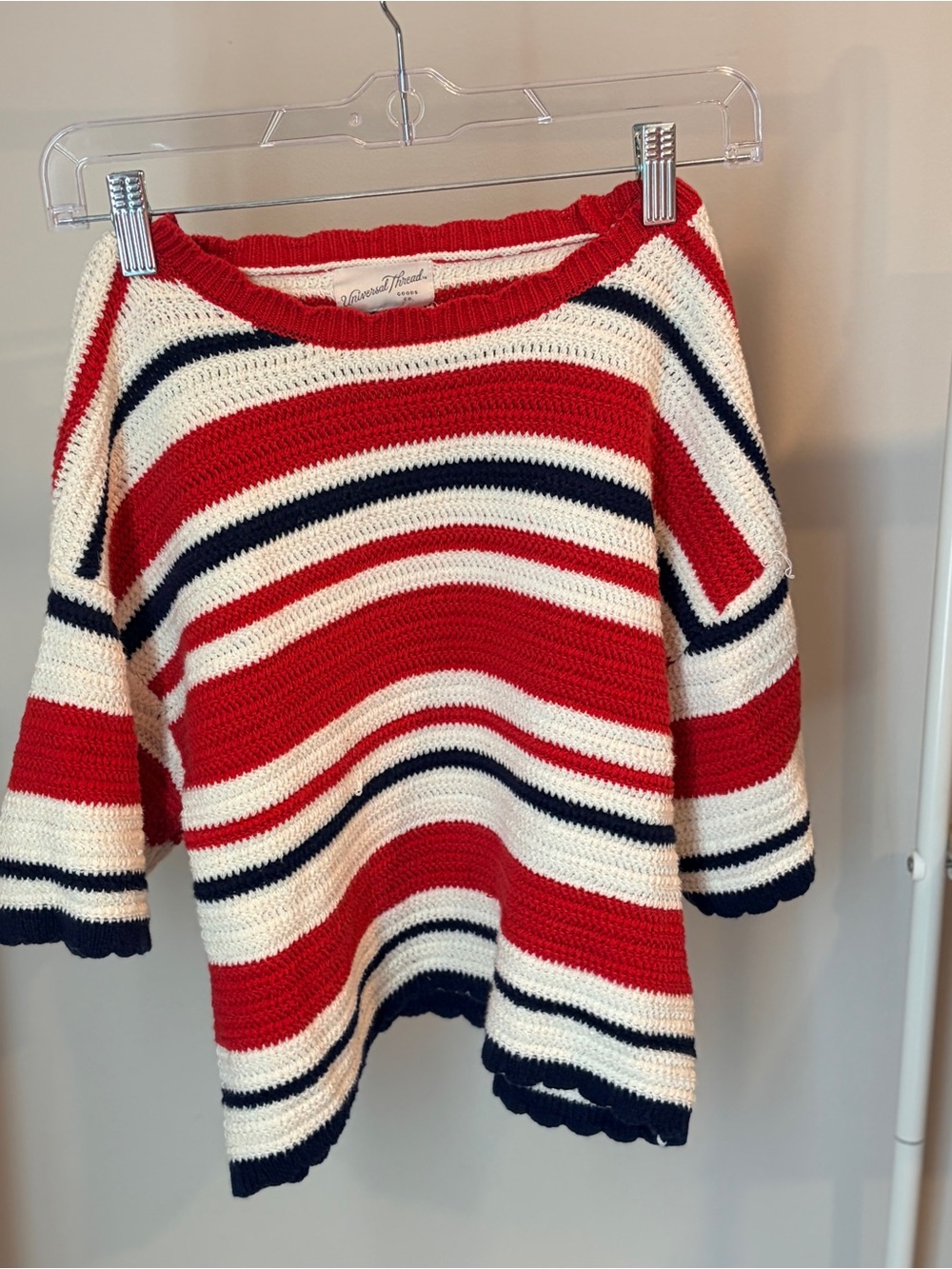 Universal Thread Red White and Navy Striped Crochet Crewneck Sweater